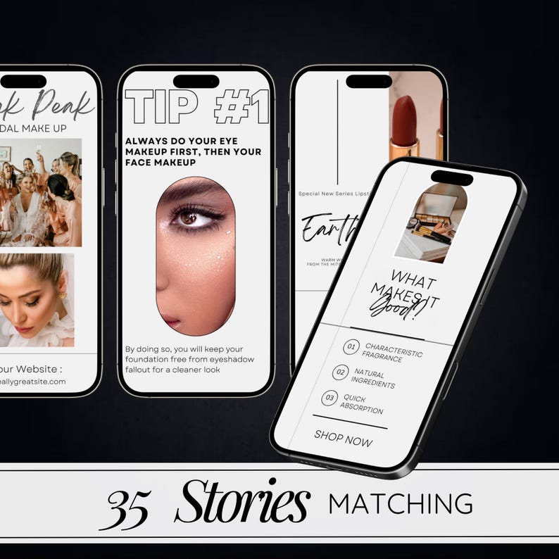 May include: Three mobile phone screens showing makeup tips and product information. The first screen shows a group of women wearing makeup. The second screen shows a close-up of a woman's eye with the text "TIP #1 ALWAYS DO YOUR EYE MAKEUP FIRST, THEN YOUR FACE MAKEUP". The third screen shows a lipstick tube and the text "WHAT MAKES IT GOOD?" with a list of features.