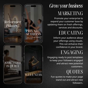 May include: A promotional graphic with four smartphone mockups showcasing Pilates sessions and wellness. Text includes "Reformer Pilates?", "Private Sessions", "Strength is Quiet", and "Move into Wellness". Additional text promotes marketing, educating, engaging, and quotes.