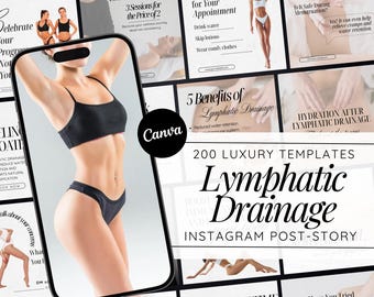 Plantillas de Instagram para masaje linfático postoperatorio / Publicaciones e historias de Canva para contorno corporal / Marketing para cuidados postoperatorios / Kit de marca para spa médico