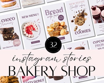Op de afbeelding: Een verzameling Instagram-story-sjablonen voor een bakkerij. De sjablonen bevatten verschillende gebakssoorten, waaronder donuts, koekjes, cupcakes, brownies, brood en aardbeiencake. De sjablonen zijn ontworpen in een roze en witte kleurschema met de tekst "Instagram Stories Bakery Shop" in een groot lettertype.