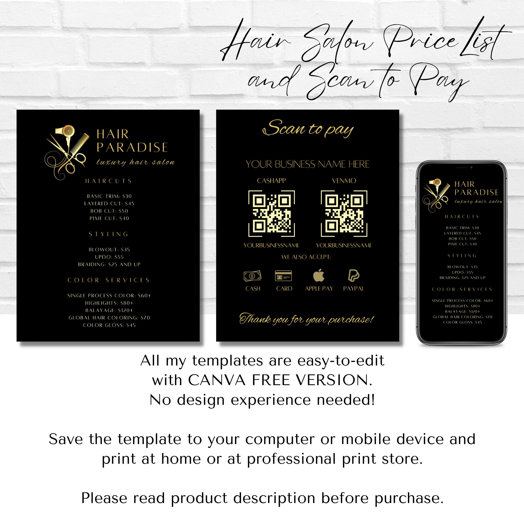 Hair Salon Price List Template Editable Canva Design QR Code Etsy