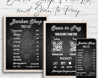 May include: Blackboard sign with white text and graphics advertising a barber shop. The sign lists prices for haircuts, beard trims, and other services. It also includes a QR code for contactless payment. The text on the sign reads "Barber Shop Price List and Scan to Pay".
