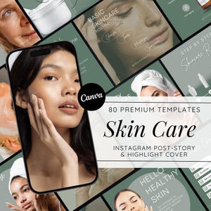 May include: A collage of images promoting skincare products and services. The images feature close-ups of people's faces, skincare products, and text about skincare routines. The text includes "Basic Skincare Routine", "Step by Step Skincare Routine", "Hello Healthy Skin", and "80 Premium Templates Skin Care".