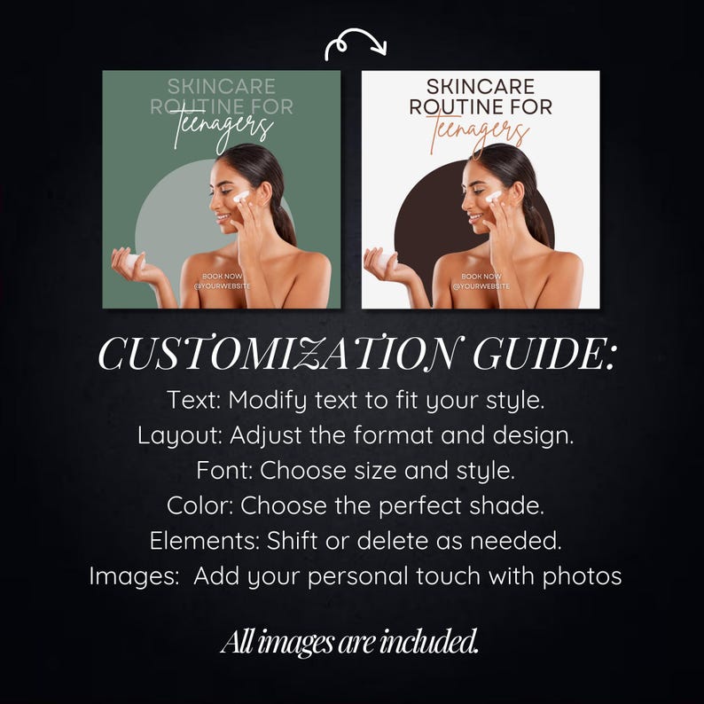 May include: Two social media templates for a skincare routine for teenagers. The templates feature a woman applying moisturizer to her face. The text on the templates reads "Skincare Routine for Teenagers" and "Book Now Your Website".