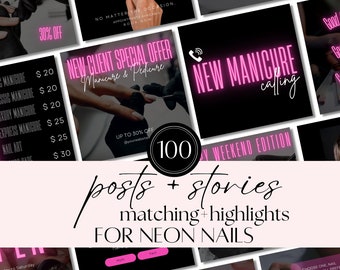 Neo Nails Instagram Post Stories: Nail Technician Canva Template, Pink Nail Tech Flyers & Posts, Black and Pink Nail Artist, Tech Highlights