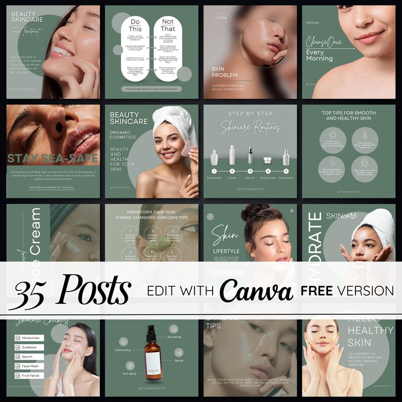 May include: A collage of 35 Instagram post templates for skincare with green and white backgrounds. The text includes "Beauty Skincare", "Stay Sea-Safe", "Do This Not That", "Skin Problem", "Change Once Every Morning", "Step by Step Skincare Routines", "Top Tips for Smooth and Healthy Skin", "Transform Your Skin", "Skin Lifestyle", "Hydrate Skincare", "Tips", "Hello Healthy Skin".