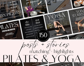 May include: A collage of images promoting Pilates and Yoga classes. The images feature people doing various poses and exercises. The text includes "Pilates", "Yoga", "Weekend Classes for Beginners", "Online Classes", "Weekly Events", and "Sale this week only!"
