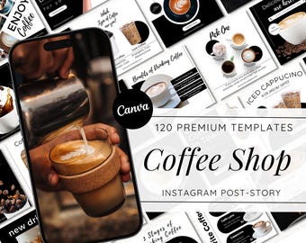 May include: A collection of 120 Instagram post and story templates for a coffee shop. The templates feature various coffee drinks, including cappuccinos, lattes, and iced coffee. The templates are designed in a modern and minimalist style with black and white colors.