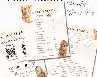 Hair Salon Price List Template with Consultation Flyer | Editable Beauty Branding for Business | Comprehensive Hair Pricelist & Price Guide