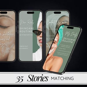 May include: Three phone screens with green backgrounds and white text. The first screen says "skin before", the second screen says "New Reels Skincare Routine go to bed with me CHECK OUT @YOURWEBSITE", and the third screen says "Contact Us 123-456-7010 123 Anywhere ST 12345" and "My Daily Skincare Routine Micellar water or makeup remover Face Wash Use skincare on the face Wait a while for the skincare to absorb".