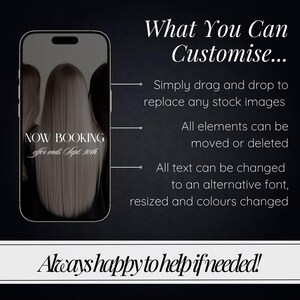 May include: A promotional image on a dark background. A smartphone displays a photo of long blonde hair. Text on the image reads "What You Can Customize..." and details about replacing images, moving elements, and changing text. The text "NOW BOOKING offer ends Sept. 30th" is also visible.