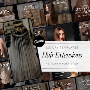 May include: A promotional image for hair extensions, featuring a smartphone displaying a close-up of hair extensions. The image includes text that reads "Luxury Templates Hair Extensions Instagram Post-Story."