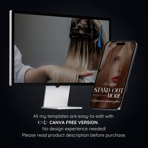 May include: A computer monitor and smartphone display images related to hair extensions. The phone screen shows a woman with long red hair and the text "STAND OUT MORE". The monitor shows a person getting hair extensions. Text on the image says "CANVA FREE VERSION."