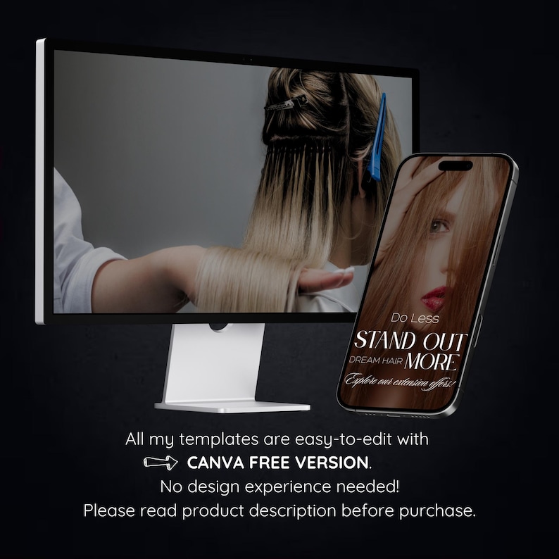 May include: A computer monitor and smartphone display images related to hair extensions. The phone screen shows a woman with long red hair and the text "STAND OUT MORE". The monitor shows a person getting hair extensions. Text on the image says "CANVA FREE VERSION."