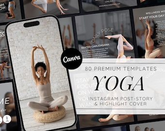 May include: A collage of 80 premium Instagram post, story, and highlight cover templates for yoga. The templates feature a variety of yoga poses, inspirational quotes, and motivational text. The text "Stay Focused on What You Want" is featured in the center of the collage.
