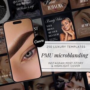 Può includere: Un collage di immagini che promuovono i servizi di microblading. Le immagini mostrano primi piani di sopracciglia, una donna con sopracciglia perfettamente modellate e il testo "Beauty Vibes, Your Brows Are Your Signature". È incluso anche il testo "250 Luxury Templates PMU Microblading Instagram Post-Story & Highlight Cover".
