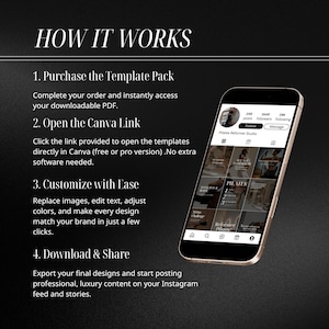 May include: A smartphone displays an Instagram feed with Pilates-themed content. Text on the screen includes "Pilates Reformer Studio" and "HOW IT WORKS," outlining steps for template use: purchase, open Canva link, customize, and download.