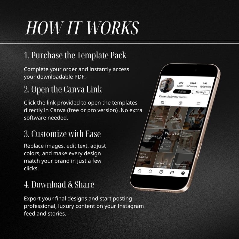 May include: A smartphone displays an Instagram feed with Pilates-themed content. Text on the screen includes "Pilates Reformer Studio" and "HOW IT WORKS," outlining steps for template use: purchase, open Canva link, customize, and download.