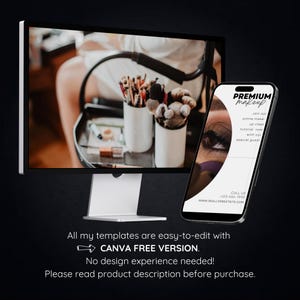 May include: A computer screen displaying a makeup artist applying makeup, with a smartphone mockup on the right side of the screen. The smartphone mockup has a white background with black text that reads "PREMIUM makeup Join our online makeup class Tutorial now with our special guest, CALL US +123-456-7890 WWW.REALLYGREATSITE.COM".