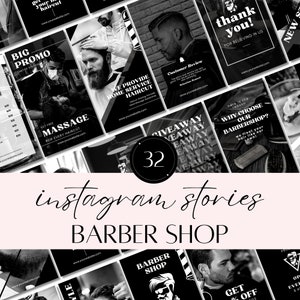 May include: Black and white Instagram story templates for a barber shop. The templates feature text such as "Big Promo", "Get 0% Off", "Giveaway", "Why Choose Our Barbershop?", "Thank You!" and "We Provide Home Service Haircut".