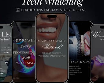 May include: An advertisement for teeth whitening services, showcasing multiple smartphone screens with promotional content. The image includes the text "Teeth Whitening," "Luxury Instagram Video Reels," and "Ready for a Smile Makeover?" with before and after photos.