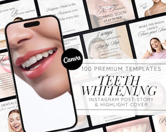 May include: A set of 100 Instagram post and story templates for teeth whitening businesses. The templates feature a variety of designs, including images of teeth, smiles, and dental care products. The text on the templates includes phrases like "New Treatments Coming Soon", "Make the White Choice", and "How to Take Care of Your Teeth".