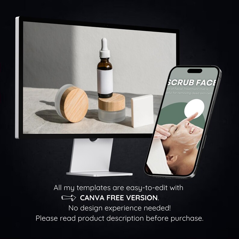 May include: A computer screen displaying a mockup of a phone with a green and white graphic that says "SCRUB FACE" and a description of a facial treatment. The phone is on a black background. The computer screen is next to a bottle of clear liquid with a white label and a wooden lid. The bottle is on a white surface with a wooden circle and a white rectangular object.