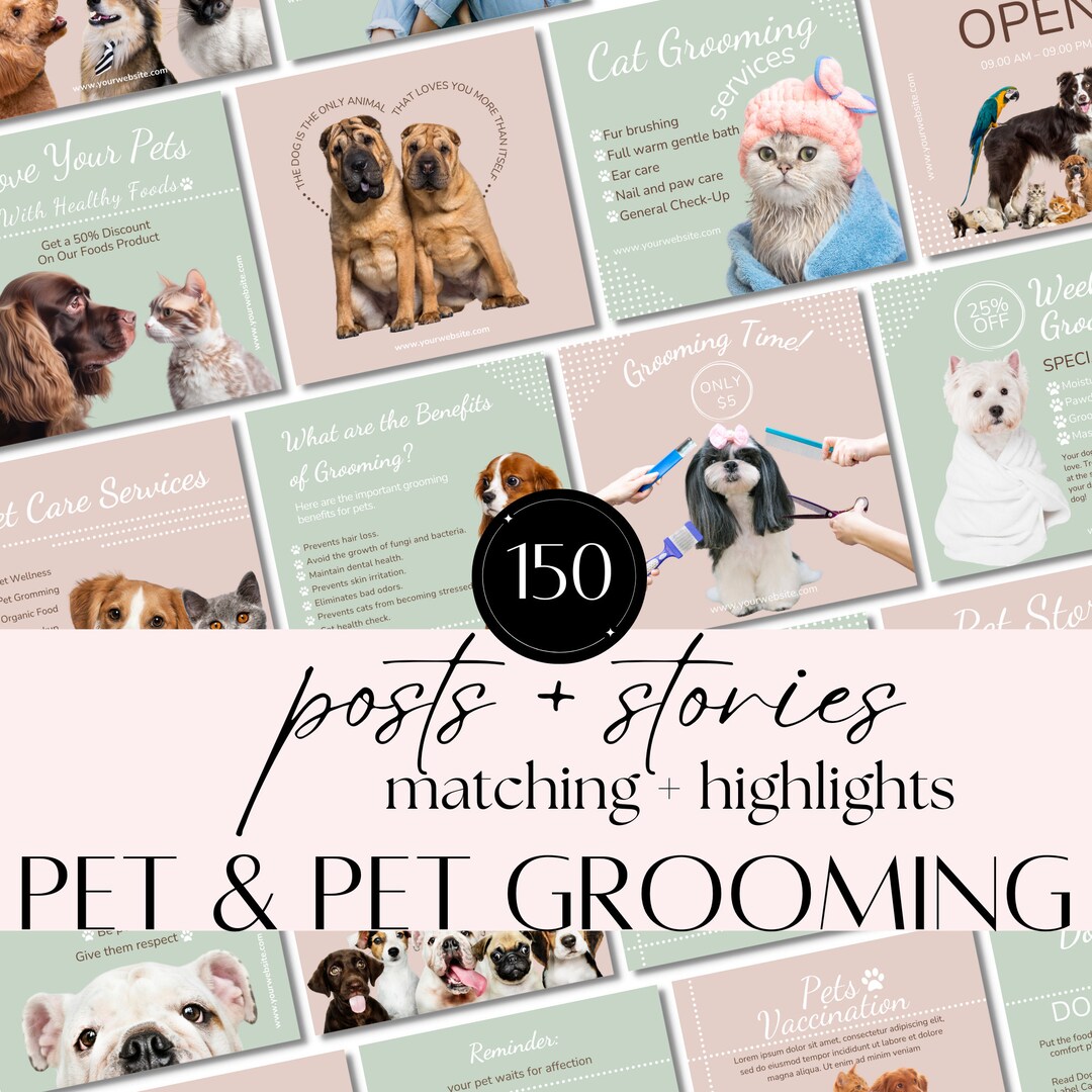 Dog Grooming Instagram Post Stories Pet Shop Canva Template, Dog Salon