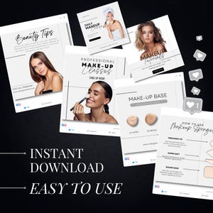 May include: A set of social media graphics for a makeup tutorial. The graphics feature a woman applying makeup, a makeup sponge, and text that says "Daily Makeup Course", "Professional Make-Up Classes", "Makeup Tutorials", "Make-Up Base", and "How to Use Makeup Sponge".