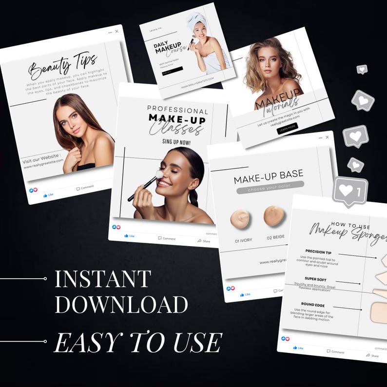 May include: A set of social media graphics for a makeup tutorial. The graphics feature a woman applying makeup, a makeup sponge, and text that says "Daily Makeup Course", "Professional Make-Up Classes", "Makeup Tutorials", "Make-Up Base", and "How to Use Makeup Sponge".