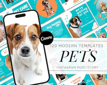 May include: A smartphone displays a close-up of a Jack Russell Terrier. The background features various Instagram post templates with pet-related themes, including dogs and cats. Text on the templates reads "PETS", "Dog Feeding Tips", and "Adopt Don't Shop". The Canva logo is also visible.