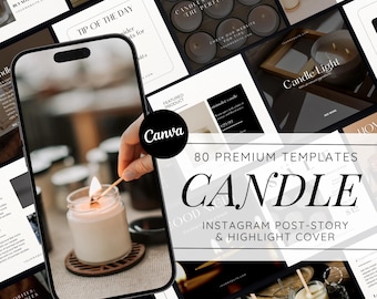May include: A collection of 80 Instagram post, story, and highlight cover templates for candle businesses. The templates feature a minimalist aesthetic with black and white color schemes and a focus on candles and candle-related imagery. The text "CANDLE" is featured prominently in the center of the image.