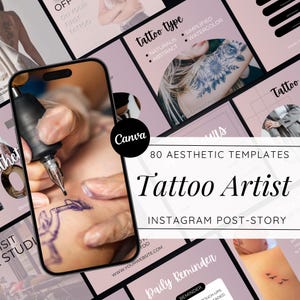 Modelli Instagram per tatuatori, design Canva, storie e post sui tatuaggi, punti salienti dei tatuaggi viola, kit per social media per maestri del tatuaggio