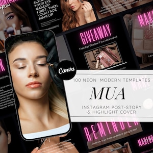 Neon Makeup Instagram Post Stories: Glam Makeup Flyer, Editable Canva Template, Beauty Posts, Makeup Artist Branding Kit, Social Media
