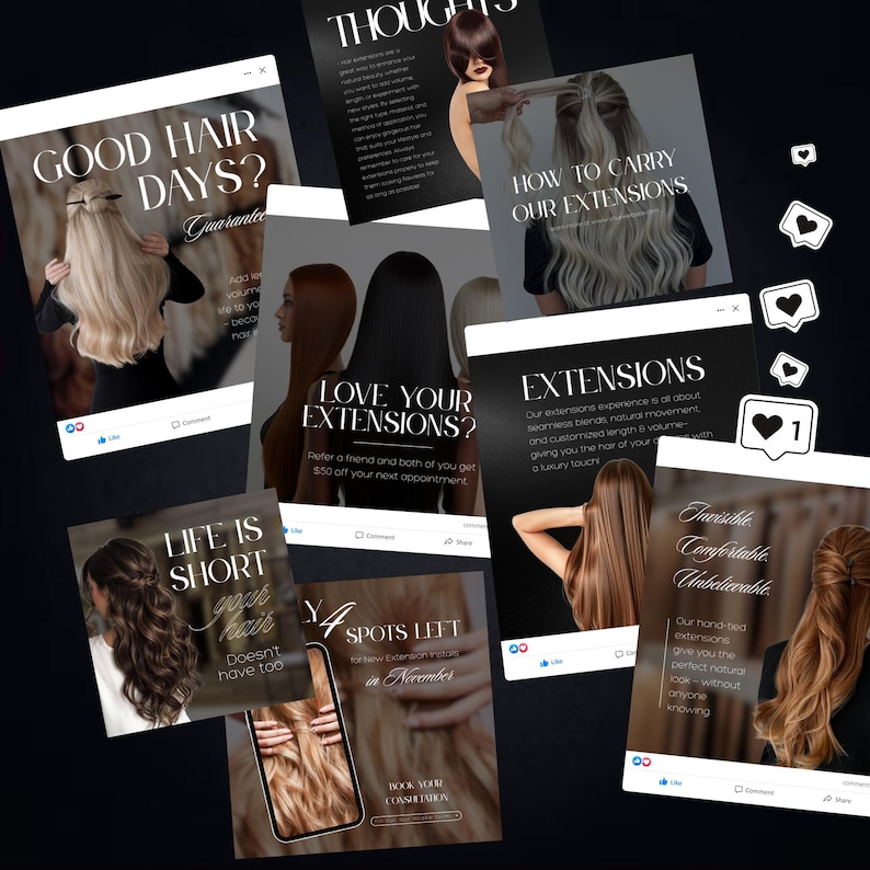 May include: A collection of social media posts promoting hair extensions. The posts feature images of long, flowing hair in various styles and colors. Text includes phrases like "Good Hair Days?" and "Love Your Extensions?"