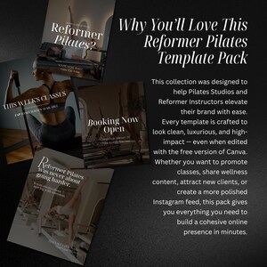 May include: A promotional image for a Reformer Pilates template pack. The image features several mock-up templates with text like "Reformer Pilates?" and "This Week's Classes." The text "Why You'll Love This Reformer Pilates Template Pack" is also visible.