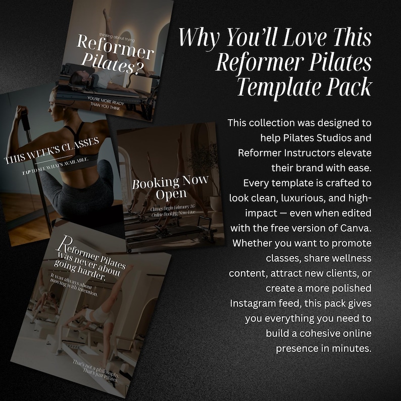May include: A promotional image for a Reformer Pilates template pack. The image features several mock-up templates with text like "Reformer Pilates?" and "This Week's Classes." The text "Why You'll Love This Reformer Pilates Template Pack" is also visible.