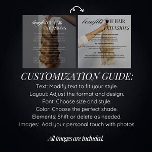 May include: A dark background with text and images about hair extensions. The text includes "benefits of hair extensions" and "customization guide." The guide suggests modifying text, adjusting layout, choosing font and color, and adding images.