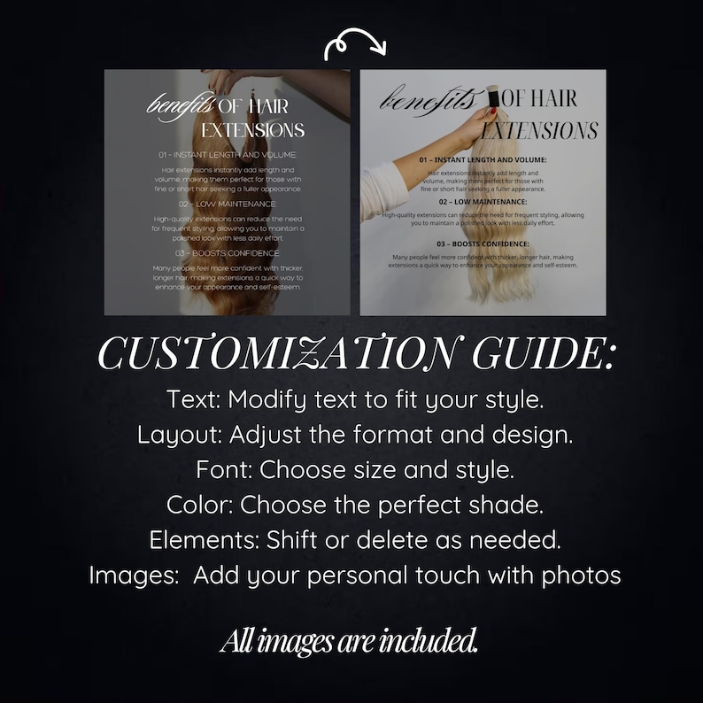 May include: A dark background with text and images about hair extensions. The text includes "benefits of hair extensions" and "customization guide." The guide suggests modifying text, adjusting layout, choosing font and color, and adding images.