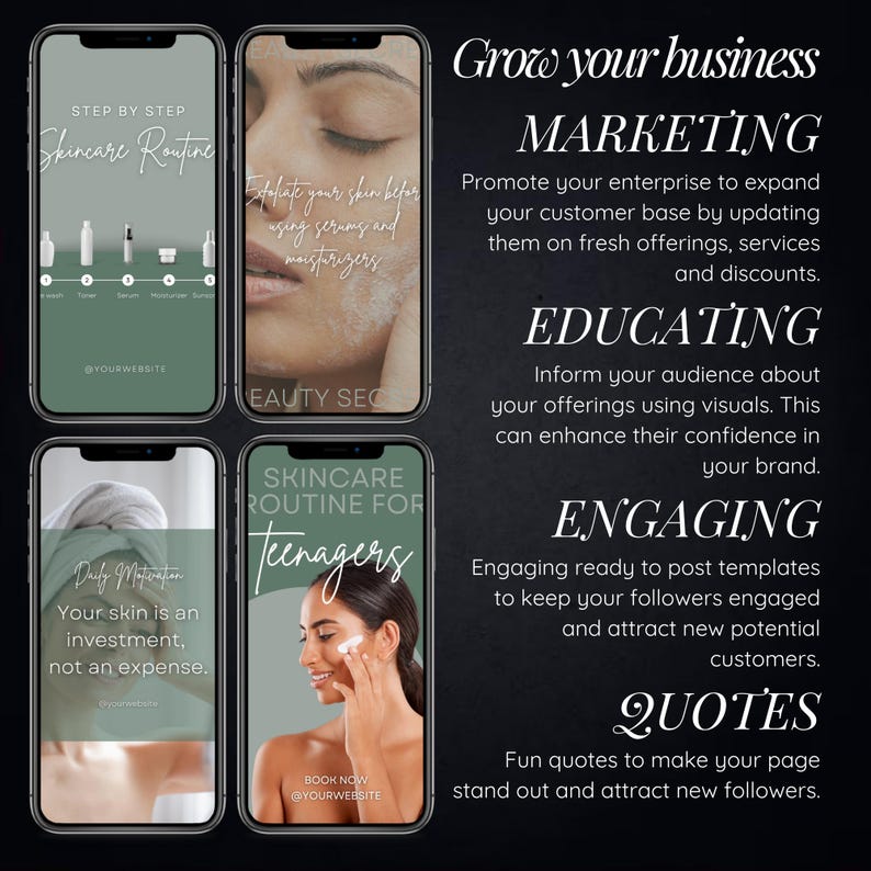 May include: Four phone screen mockups with green and white backgrounds. The mockups show tips for growing a business, including marketing, educating, engaging, and quotes. The text "Grow your business" is at the top of the image.