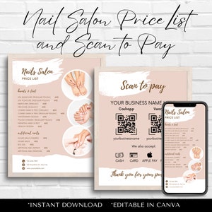 Könnte beinhalten: Eine rosa und weiße druckbare Preisliste für einen Nagelstudio mit einer Scan-to-Pay-Option. Die Preisliste umfasst Dienstleistungen für Hände und Füße sowie künstliche Nägel. Die Scan-to-Pay-Option umfasst QR-Codes für Cashapp und Venmo. Die Preisliste enthält auch einen Telefonbildschirm, der die gleiche Preisliste anzeigt.