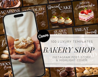 Plantillas de Instagram para branding de panaderías: Diseños de Canva para negocios de repostería (descarga digital)