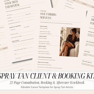 Puede incluir: Una plantilla de libro de trabajo de 22 páginas para clientes y reservas de bronceado en spray con páginas beige y blancas y texto negro. Los documentos incluyen secciones para servicios de bronceado, cronogramas y formularios de seguimiento.
