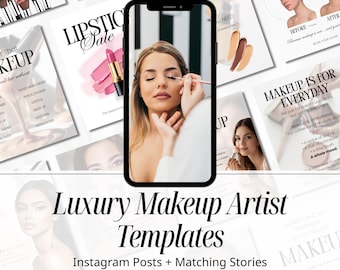 Makeup Artist Instagram Templates: 50 Posts + 50 Matching Stories, Editable Canva Bundle