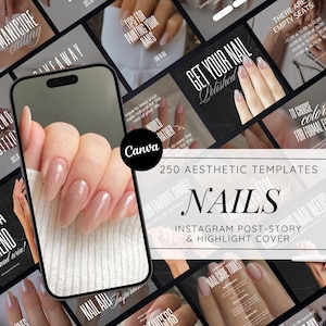 Può includere: Una collezione di 250 modelli estetici di Instagram per le unghie. I modelli presentano vari design e colori, tra cui rosa, bianco e glitter. Il testo "NAILS" è visualizzato in grassetto.