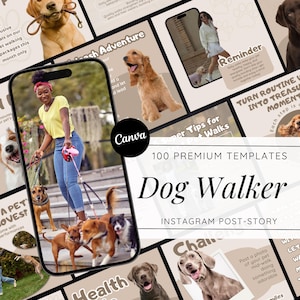 Peut inclure: Un ensemble de modèles de publication Instagram pour les promeneurs de chiens. Les modèles présentent des images de chiens et du texte tel que "Dog Walker", "Santé", "Aventure", "Transformer la routine en moments précieux" et "Conseils pour les promenades".
