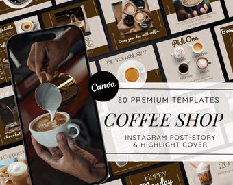 Op de afbeelding: Een verzameling van 80 Instagram-post-, story- en highlight-cover-sjablonen voor een koffiebar. De sjablonen bevatten verschillende koffiedrankjes, waaronder cappuccino, espresso, latte en mocha. De sjablonen bevatten ook tekstoverlays met zinnen als "Coffee Time", "Wist je dat?" en "Happy Monday".