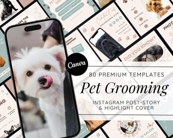 May include: A collection of 80 premium Instagram post, story, and highlight cover templates for pet grooming businesses. The templates feature a variety of cute dogs and cats, as well as text that says "Pet Grooming", "Did You Know?", "New Paws in Salon", and "Contact Us".