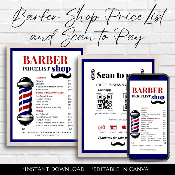 Barber Shop Price List: Editable Canva Template | Digital & Printable Hairstylist Flyer | Social Media Marketing Tool for Barbershops