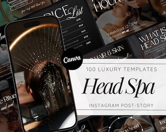 Modèles Instagram Head Spa | Kit de médias sociaux pour le traitement du cuir chevelu | Articles et articles Canva | Image de marque pour salon de bien-être | Pack marketing spa